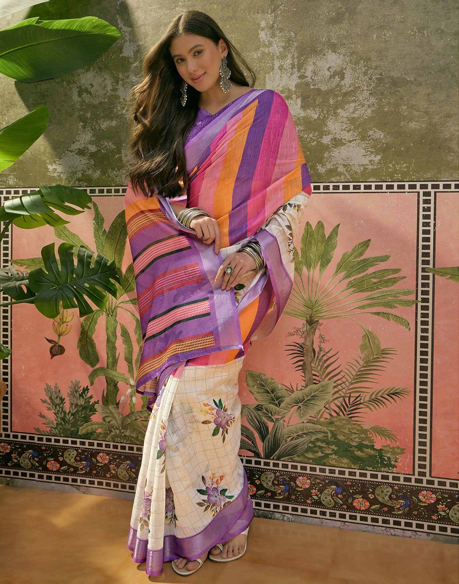 White Linen Floral Printed Saree