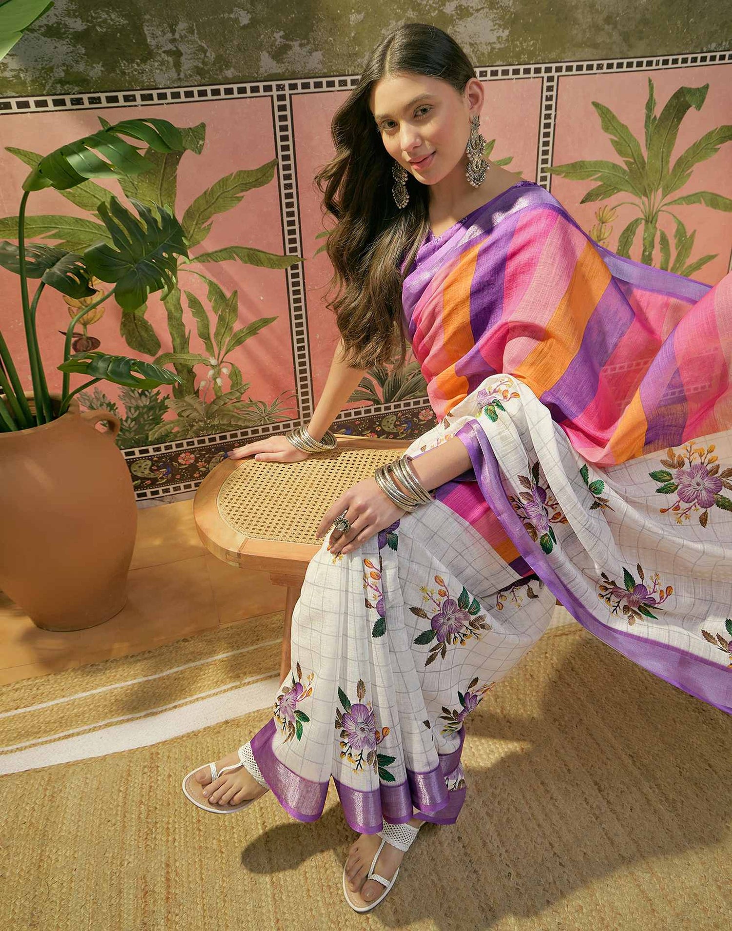 White Linen Floral Printed Saree