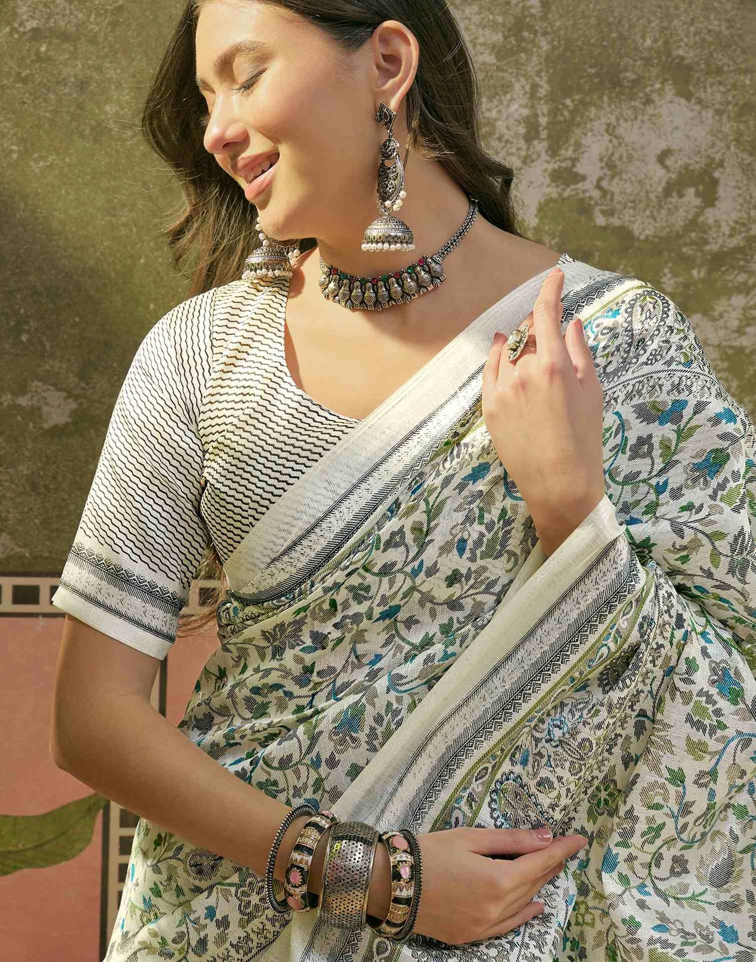 Beige Khadi Printed Saree