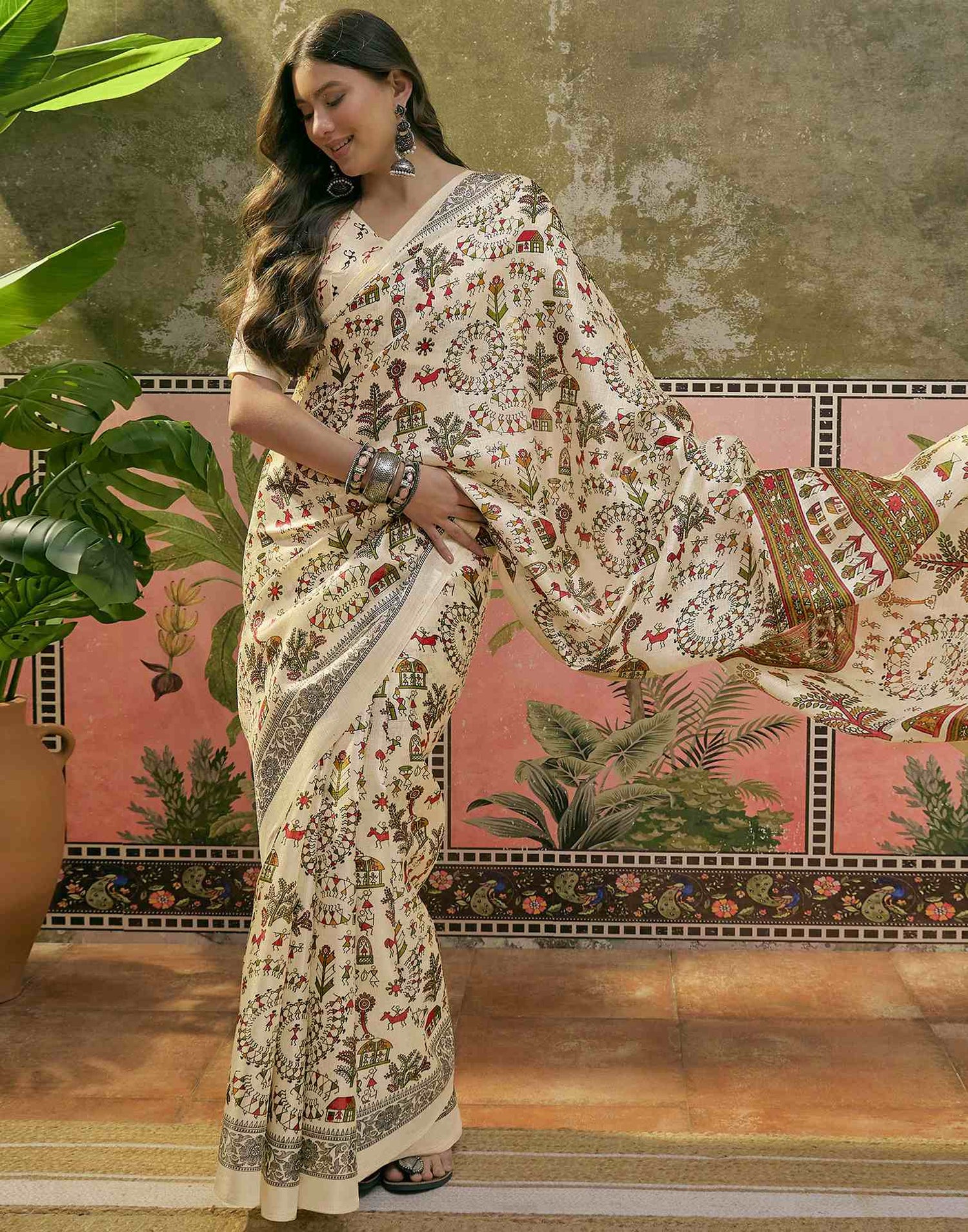 Beige Khadi Printed Saree