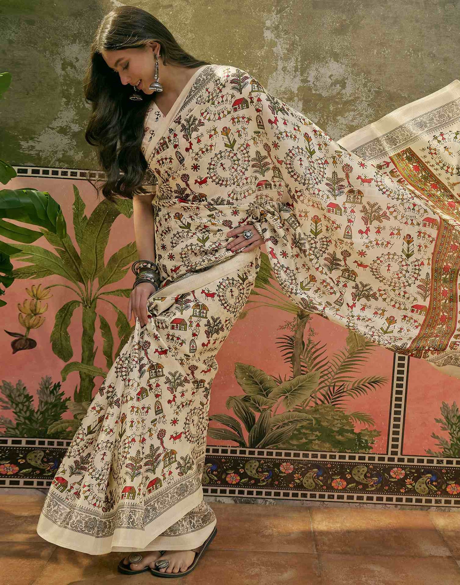 Beige Khadi Printed Saree