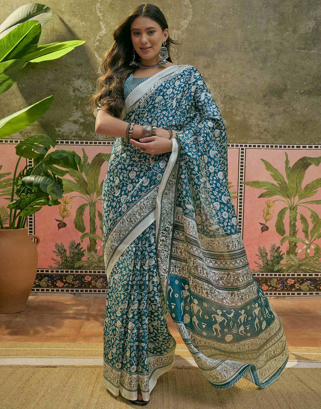 Teal Blue Khadi Printed Saree