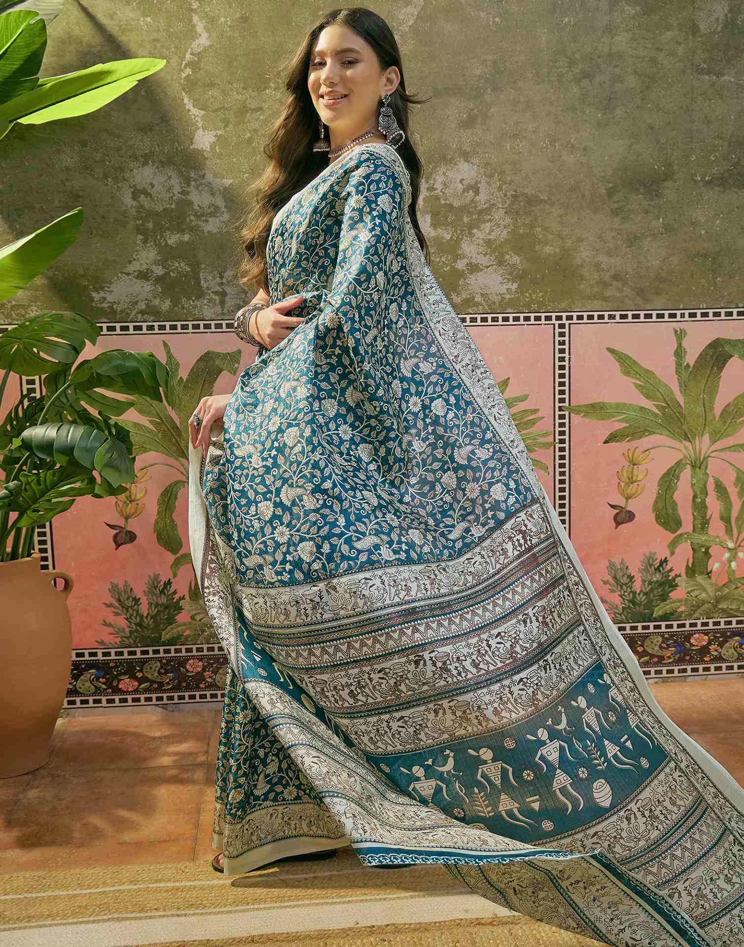 Teal Blue Khadi Printed Saree