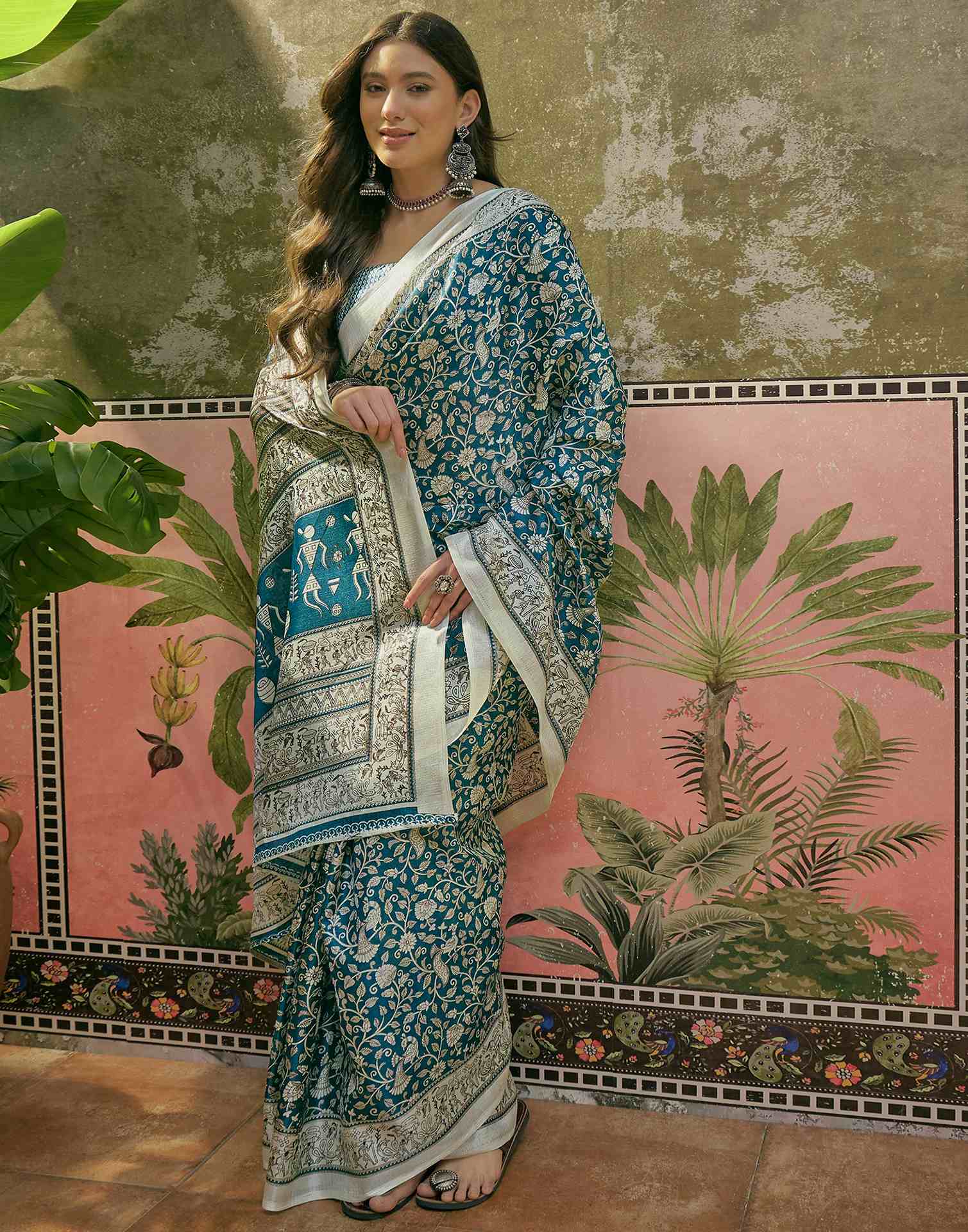 Teal Blue Khadi Printed Saree