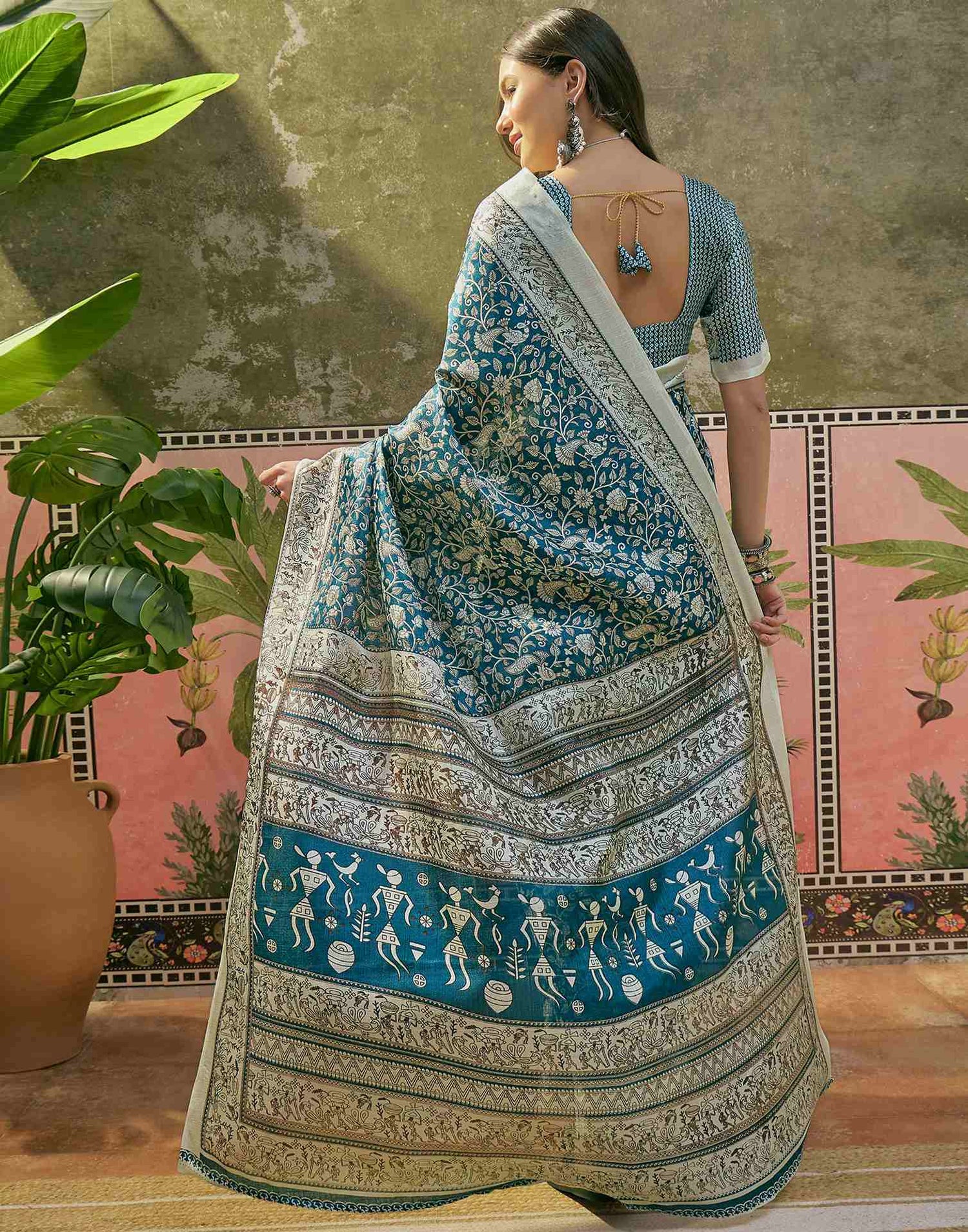 Teal Blue Khadi Printed Saree