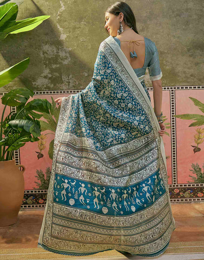 Teal Blue Khadi Printed Saree