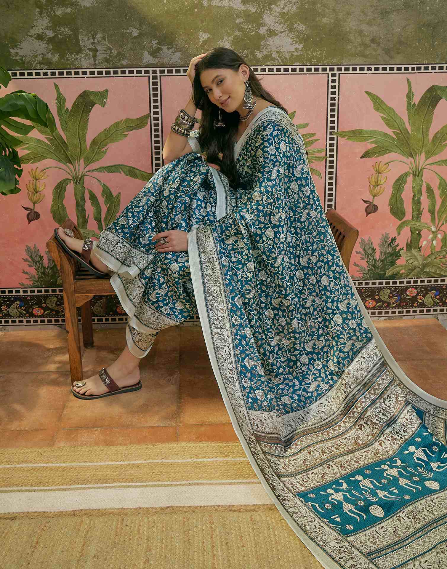 Teal Blue Khadi Printed Saree