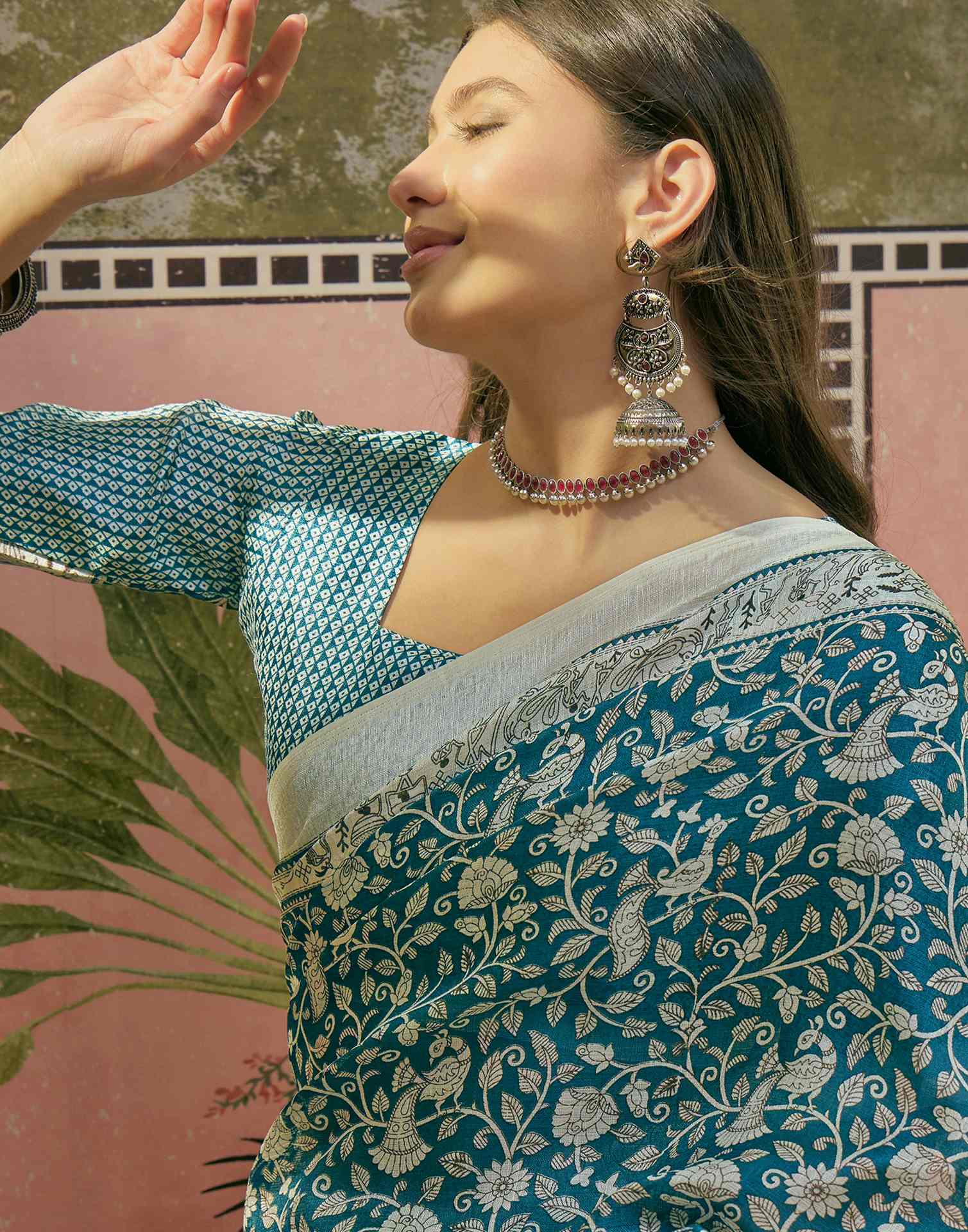 Teal Blue Khadi Printed Saree