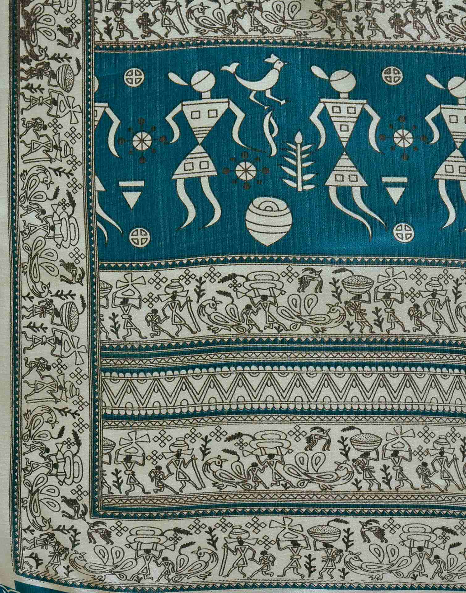 Teal Blue Khadi Printed Saree