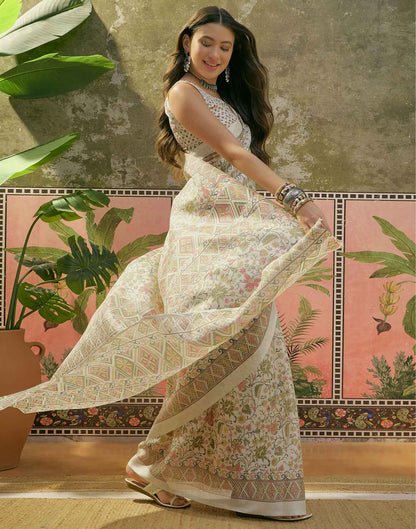 Off White Khadi Printed Saree