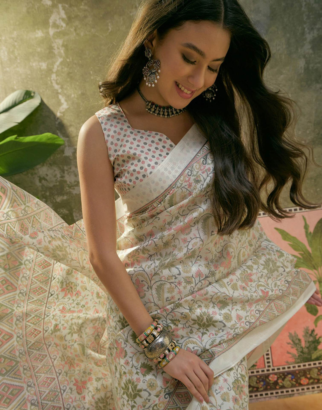 Off White Khadi Printed Saree