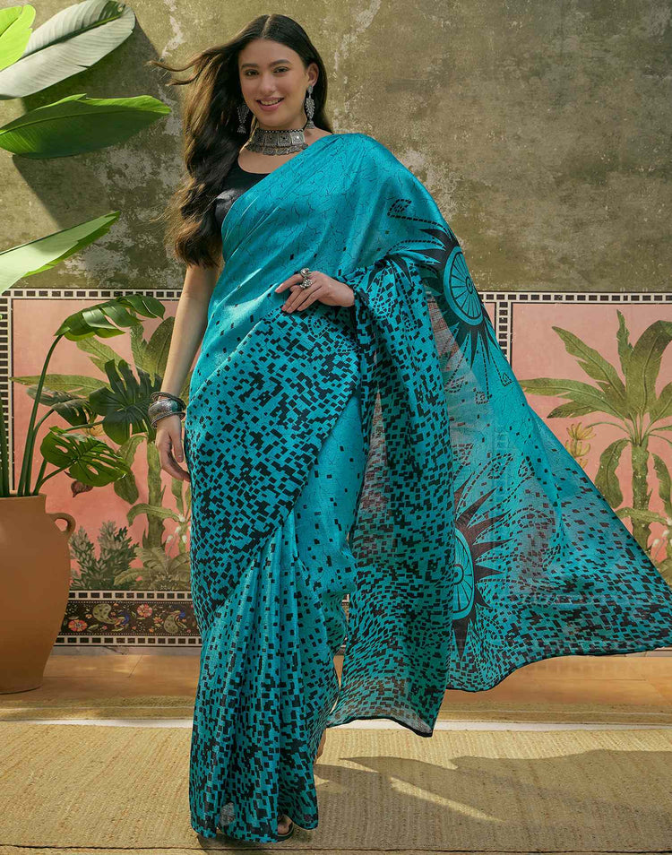 Teal Blue Khadi Printed Saree