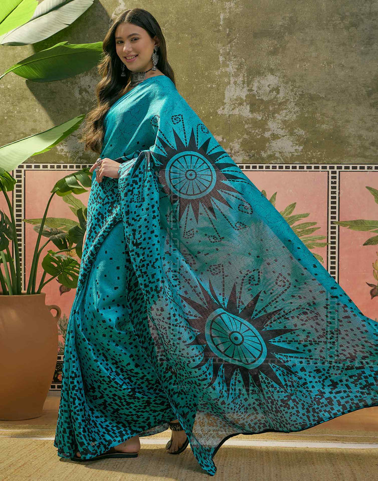 Teal Blue Khadi Printed Saree