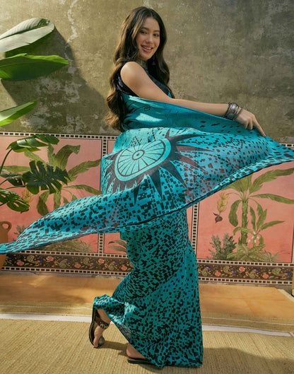 Teal Blue Khadi Printed Saree