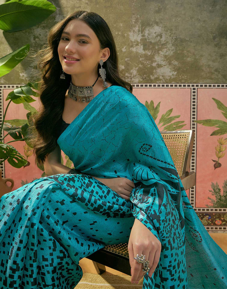 Teal Blue Khadi Printed Saree