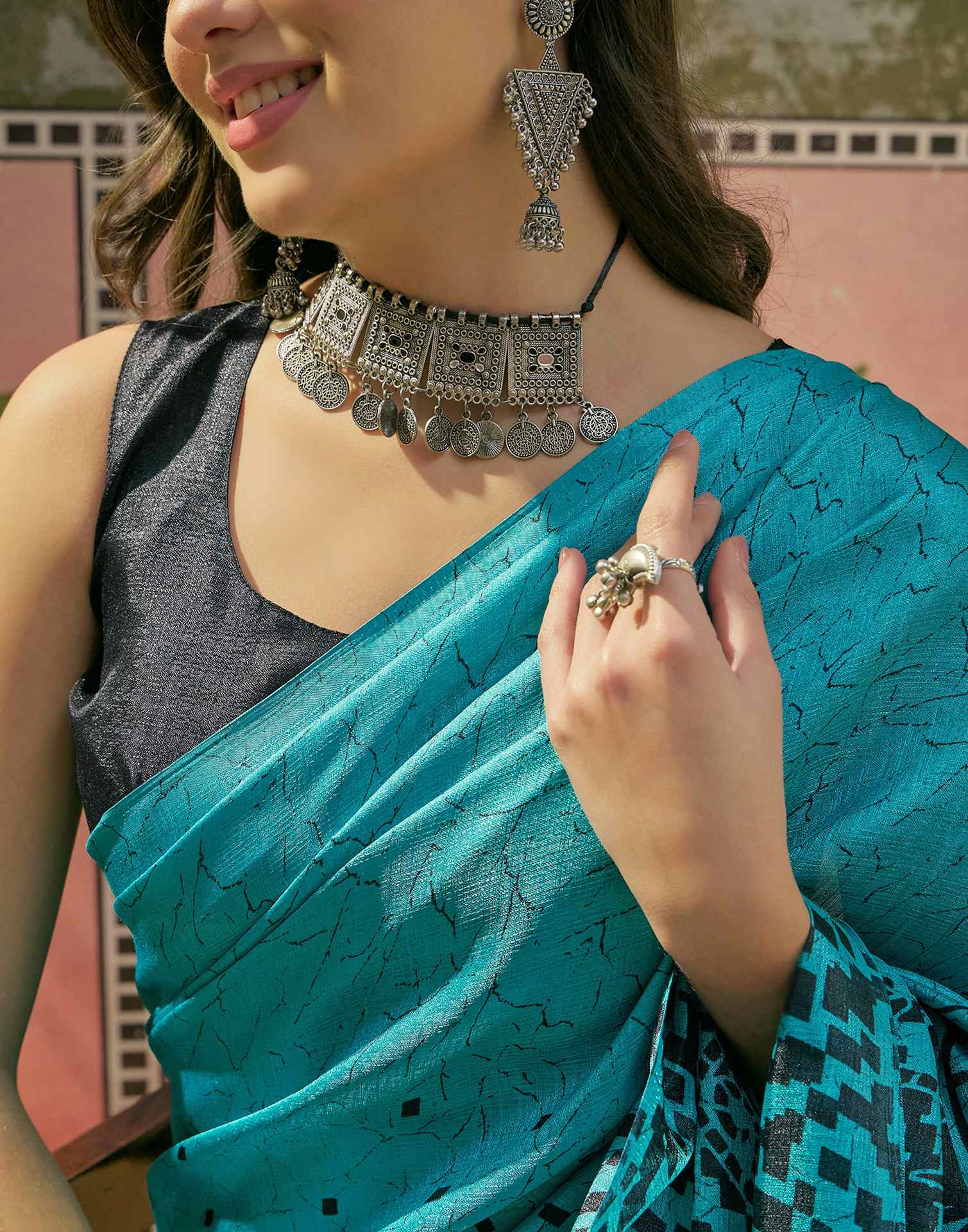Teal Blue Khadi Printed Saree