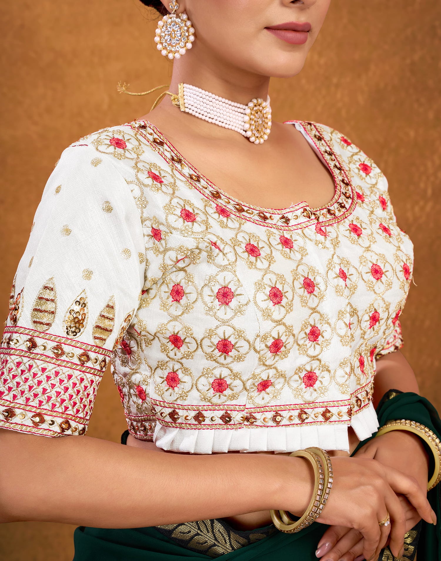 White Silk Sequence Embroidery Blouse