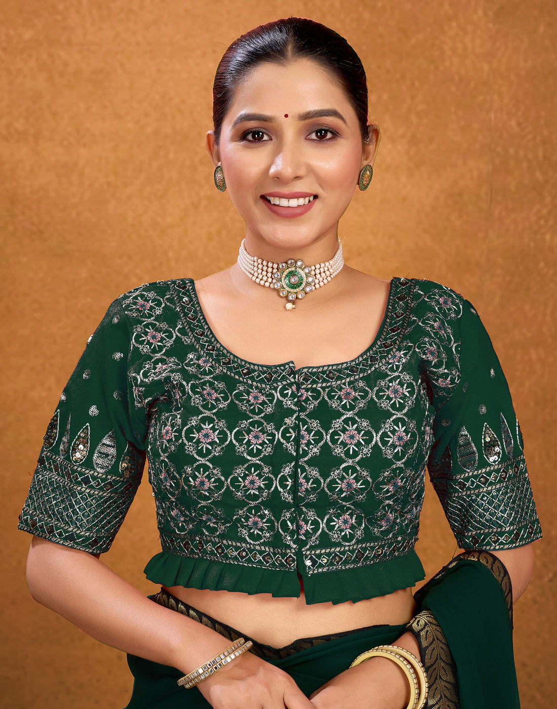 Dark Green Silk Sequence Embroidery Blouse