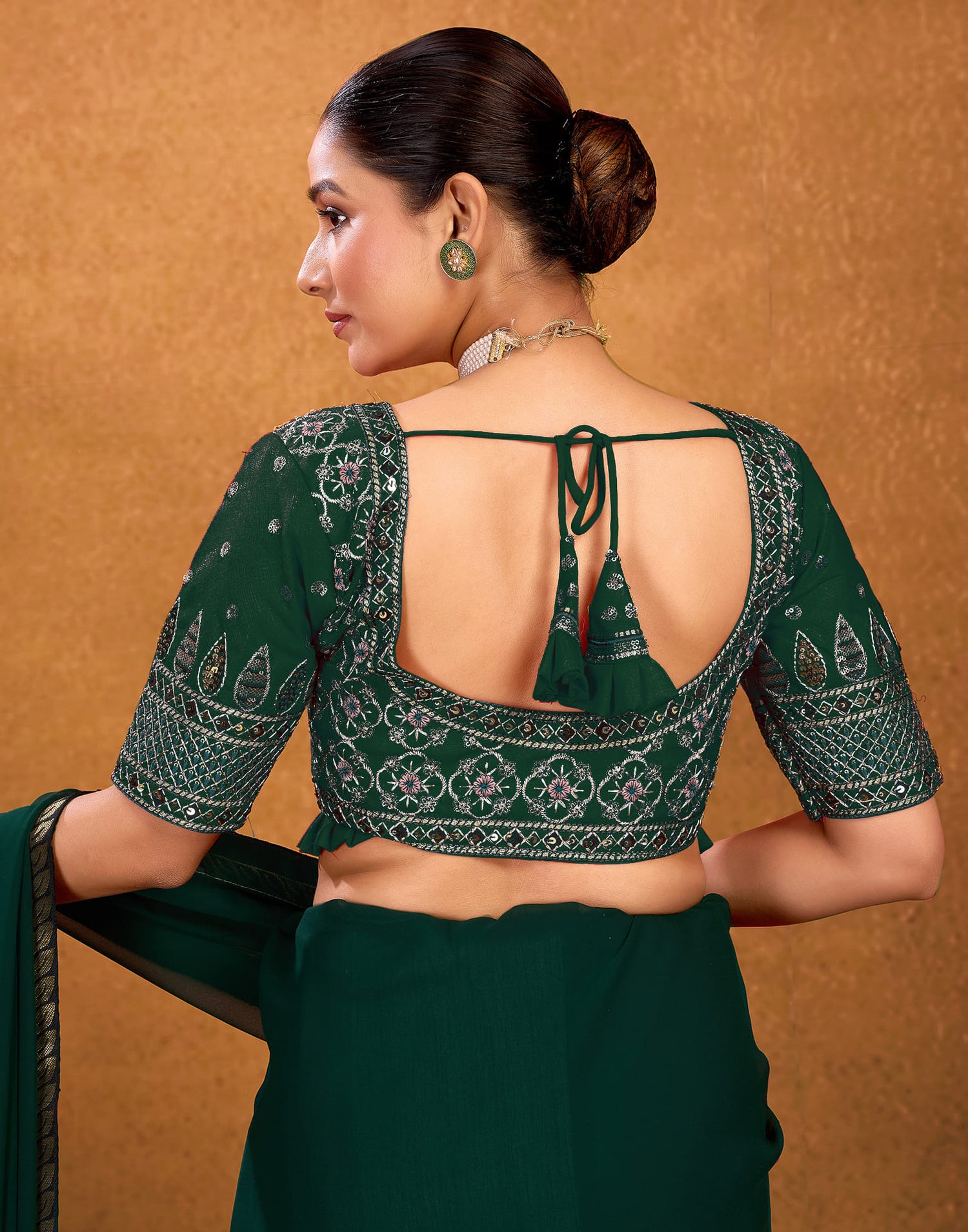 Dark Green Silk Sequence Embroidery Blouse