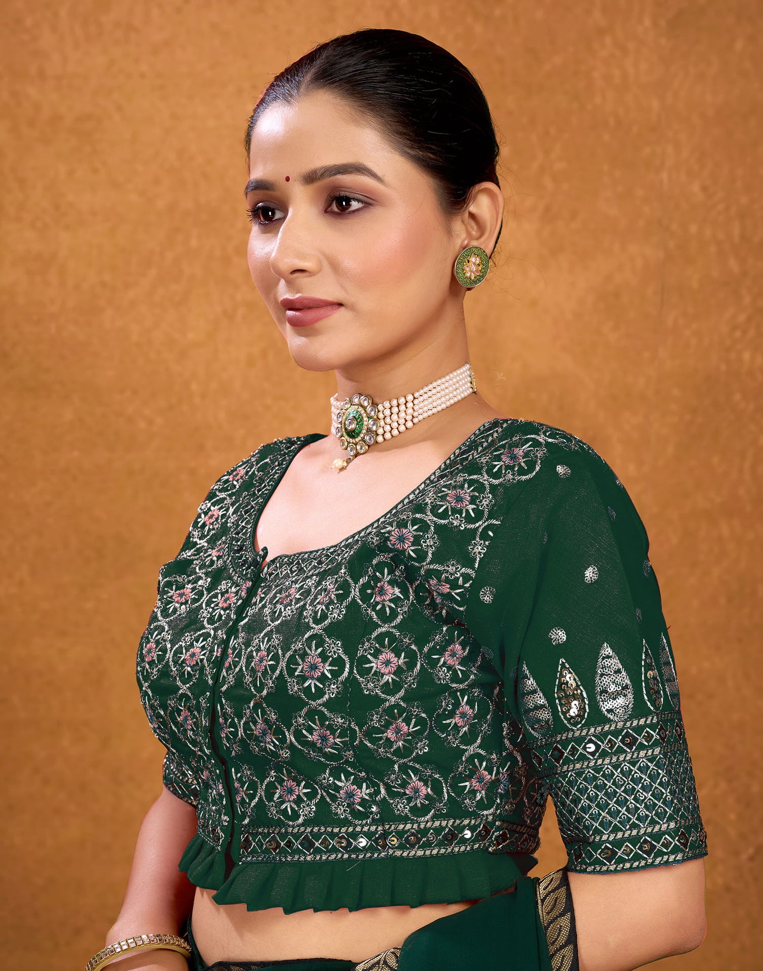 Dark Green Silk Sequence Embroidery Blouse