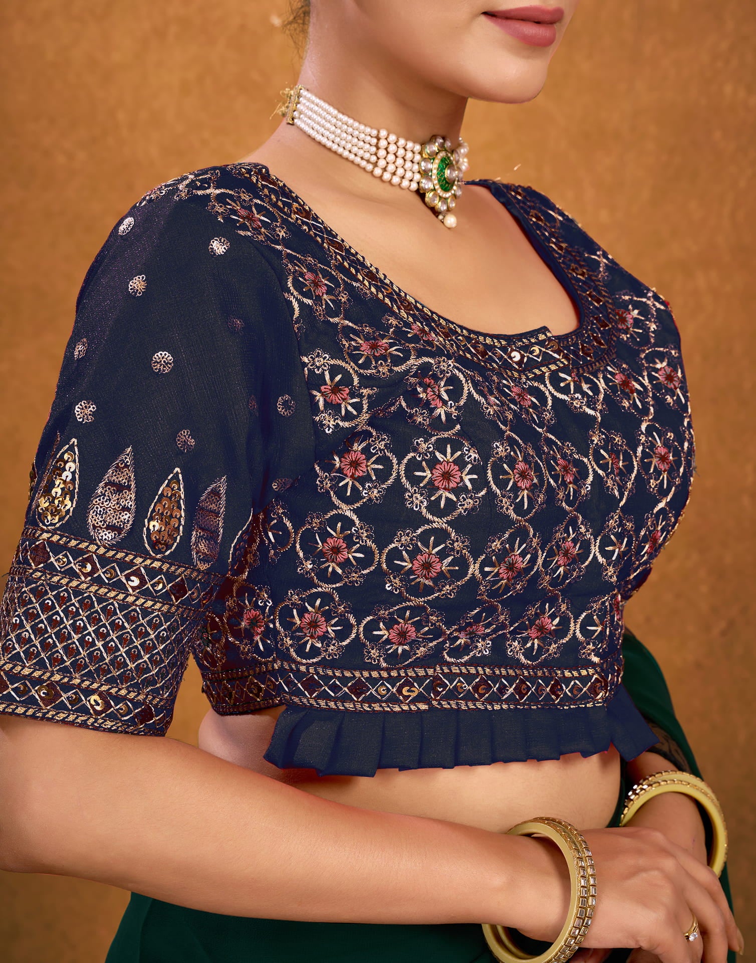 Navy Blue Silk Sequence Embroidery Blouse