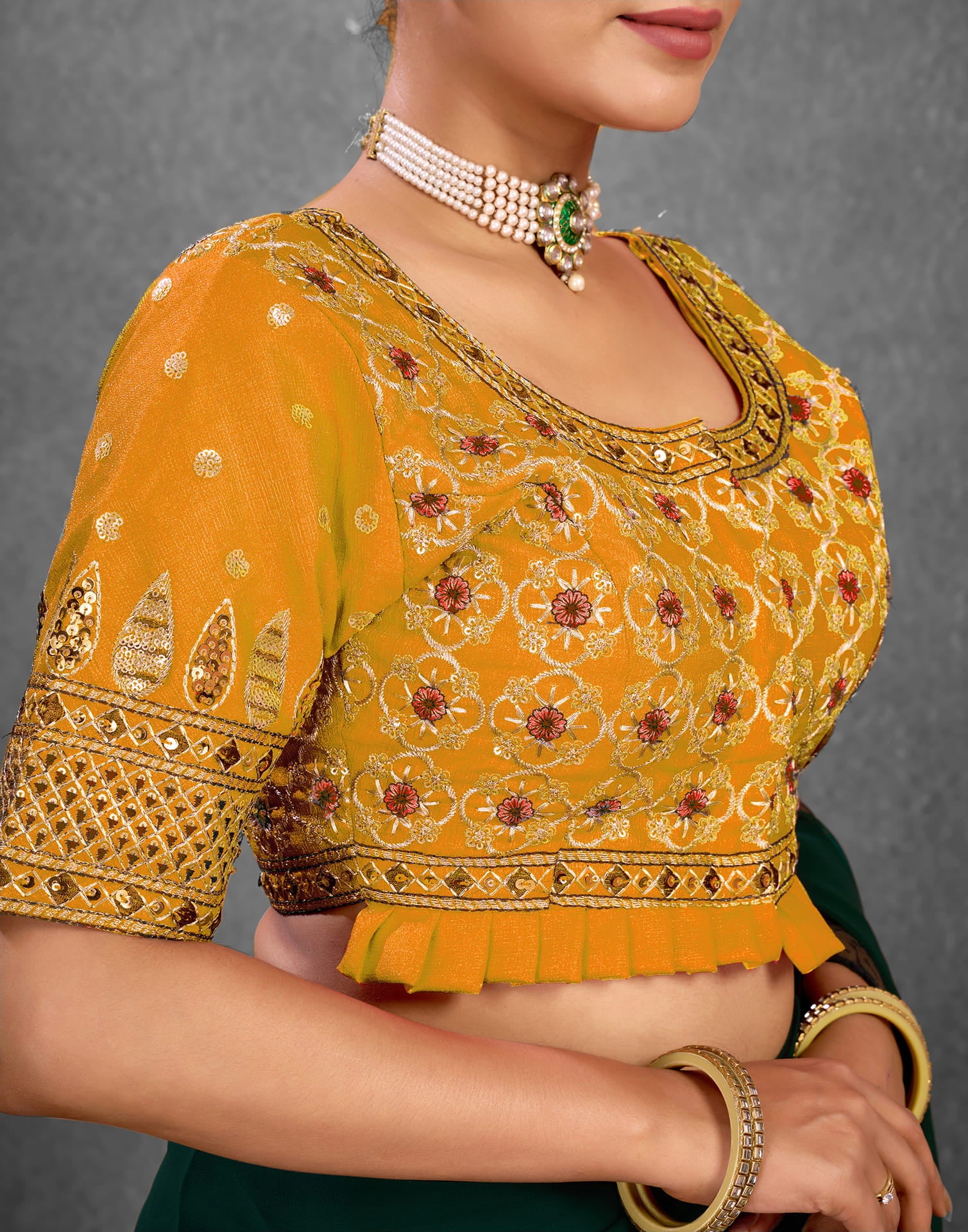 Yellow Silk Sequence Embroidery Blouse