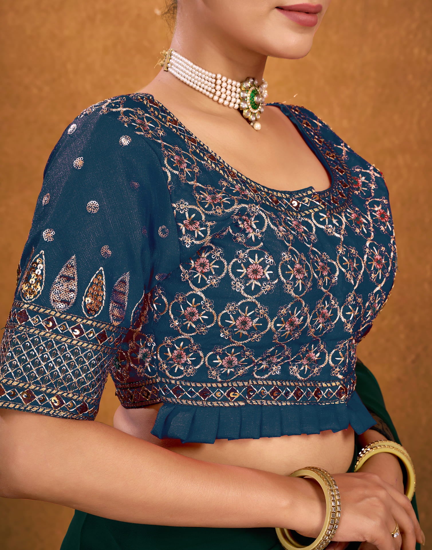 Rama Blue Silk Sequence Embroidery Blouse