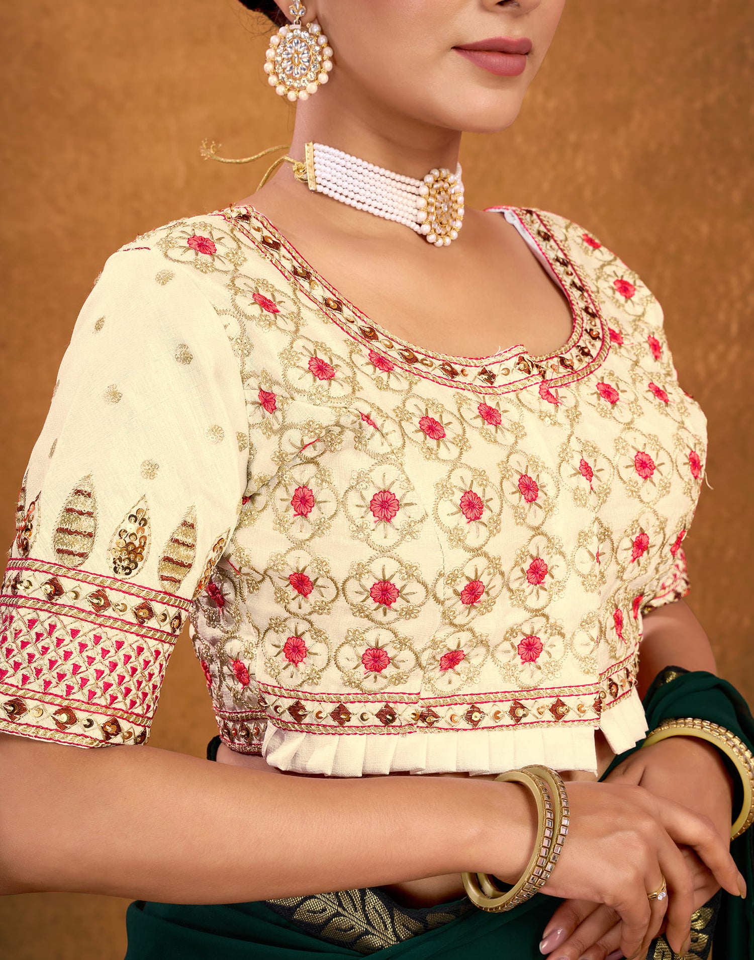 Cream Silk Sequence Embroidery Blouse