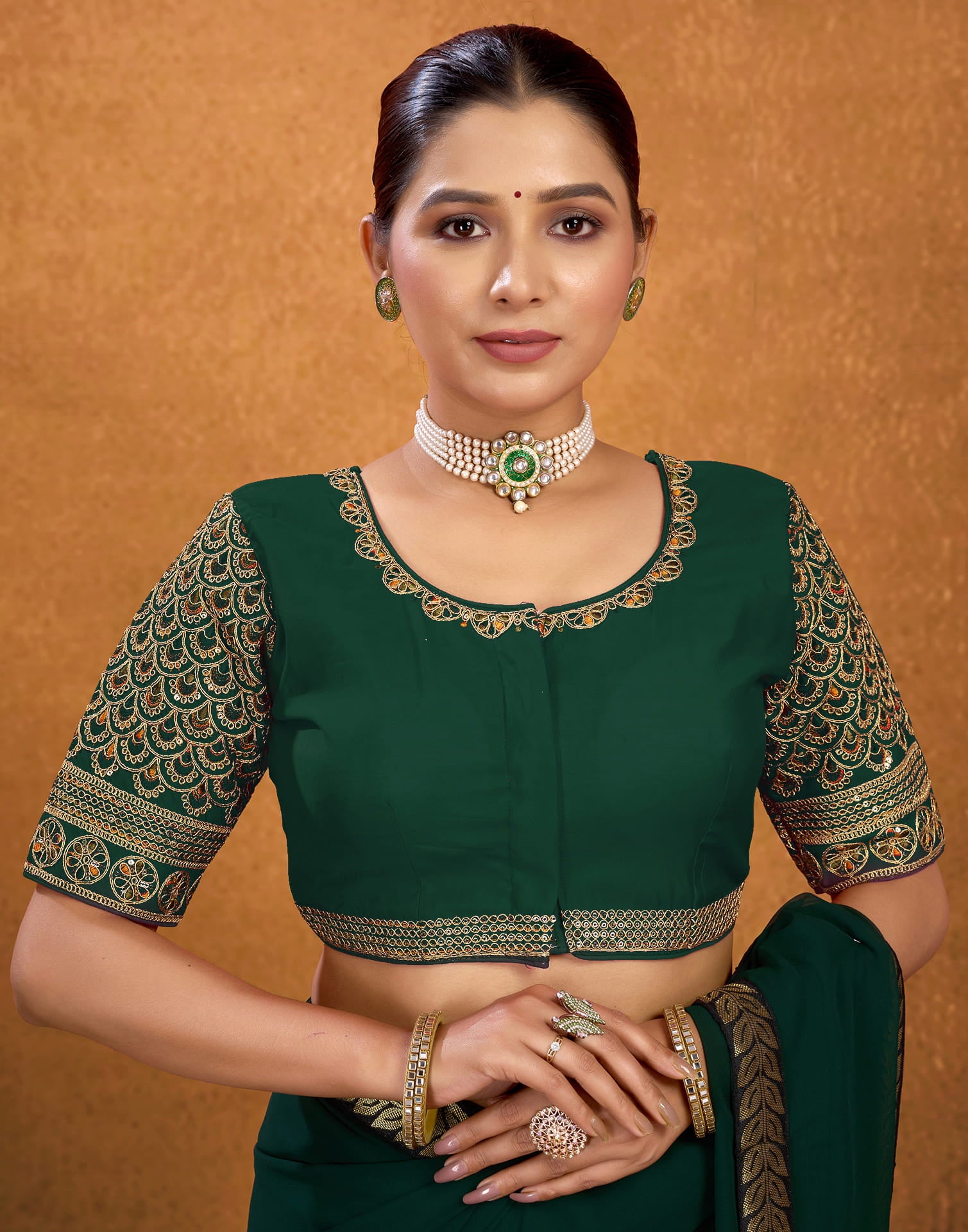 Dark Green Silk Sequence Embroidery Blouse