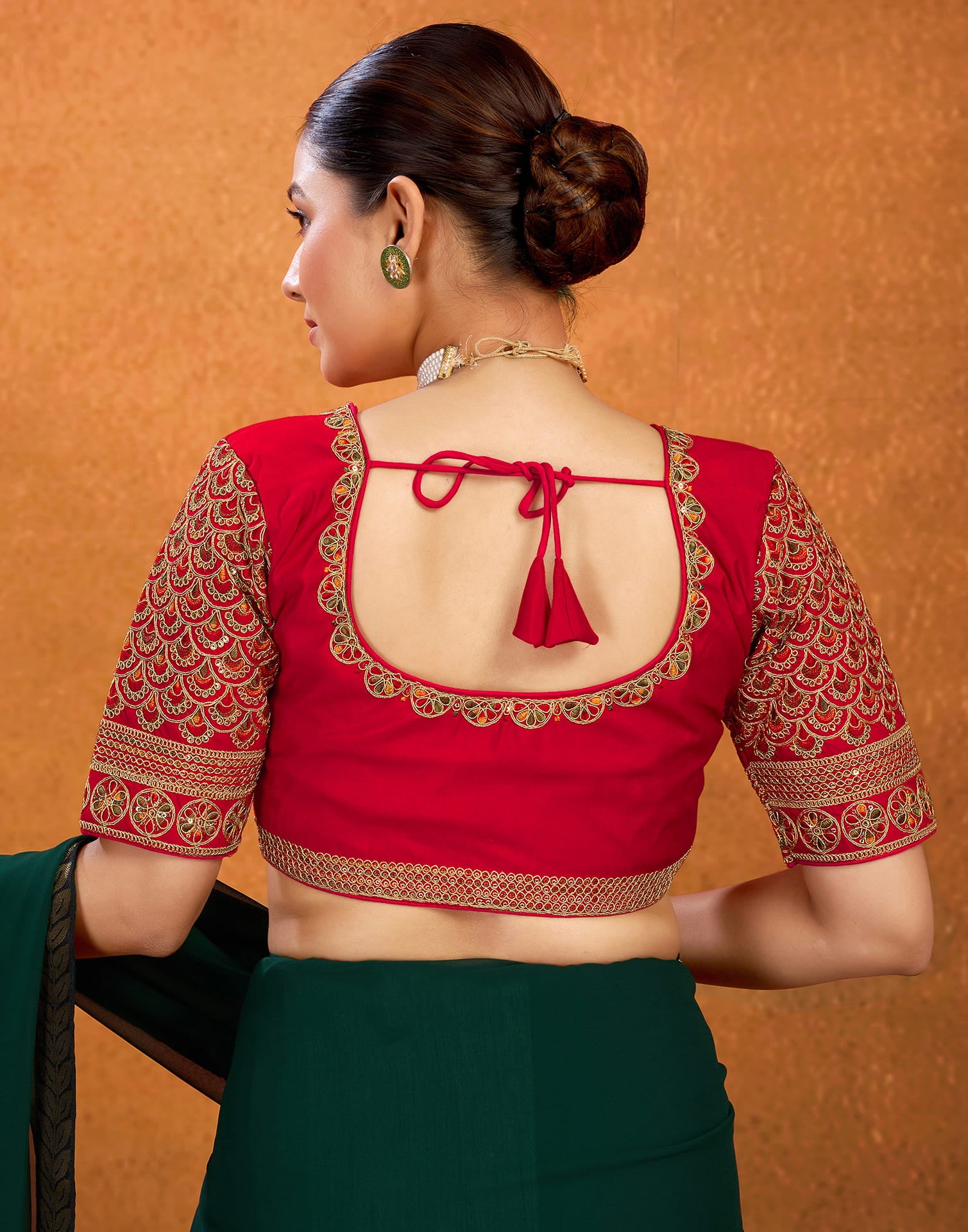 Red Silk Sequence Embroidery Blouse