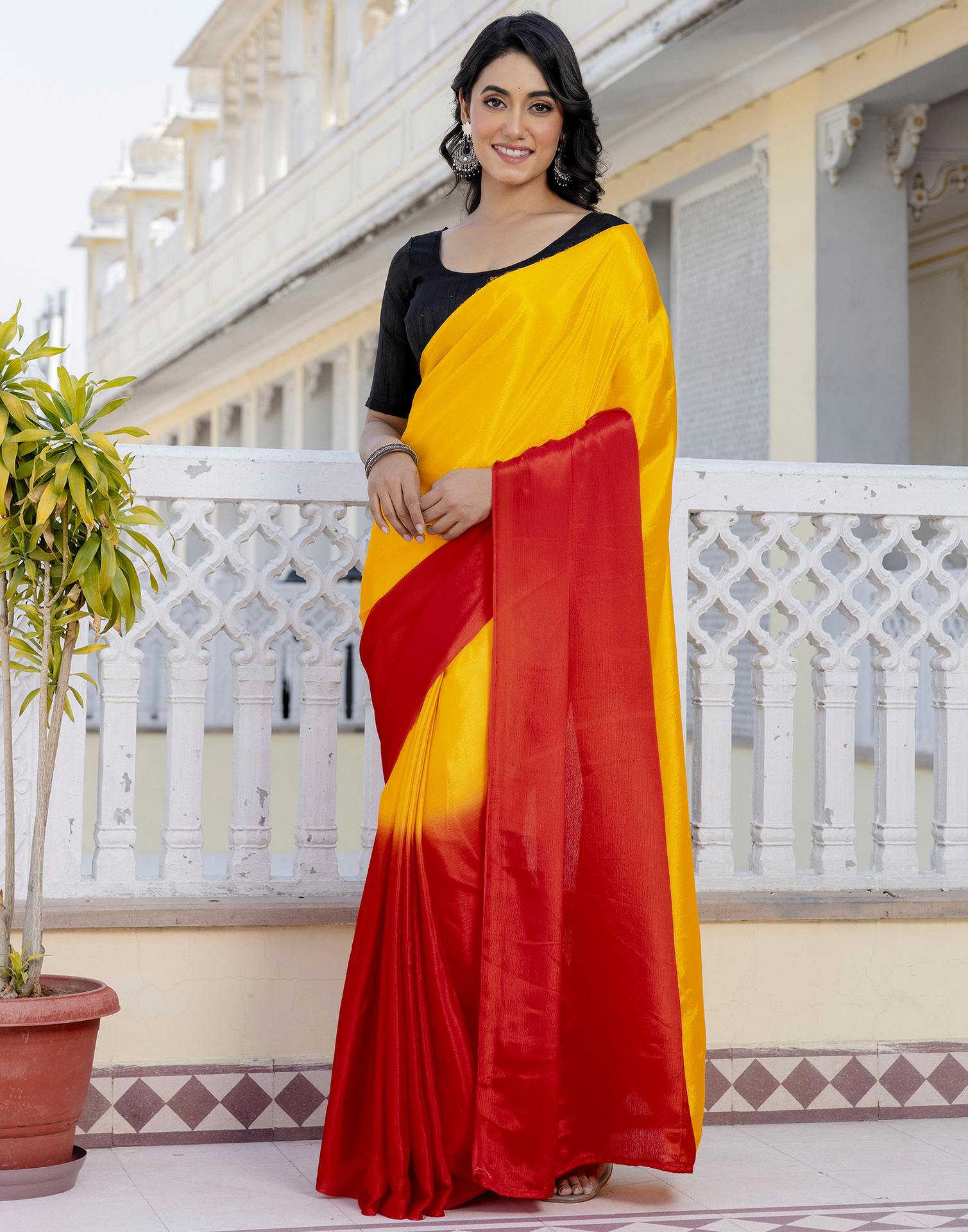 Ready To Wear Yellow Chinnon Dyed Plain Saree