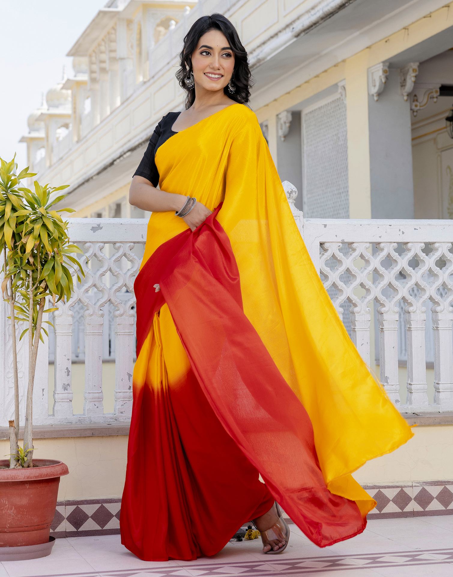 Ready To Wear Yellow Chinnon Dyed Plain Saree