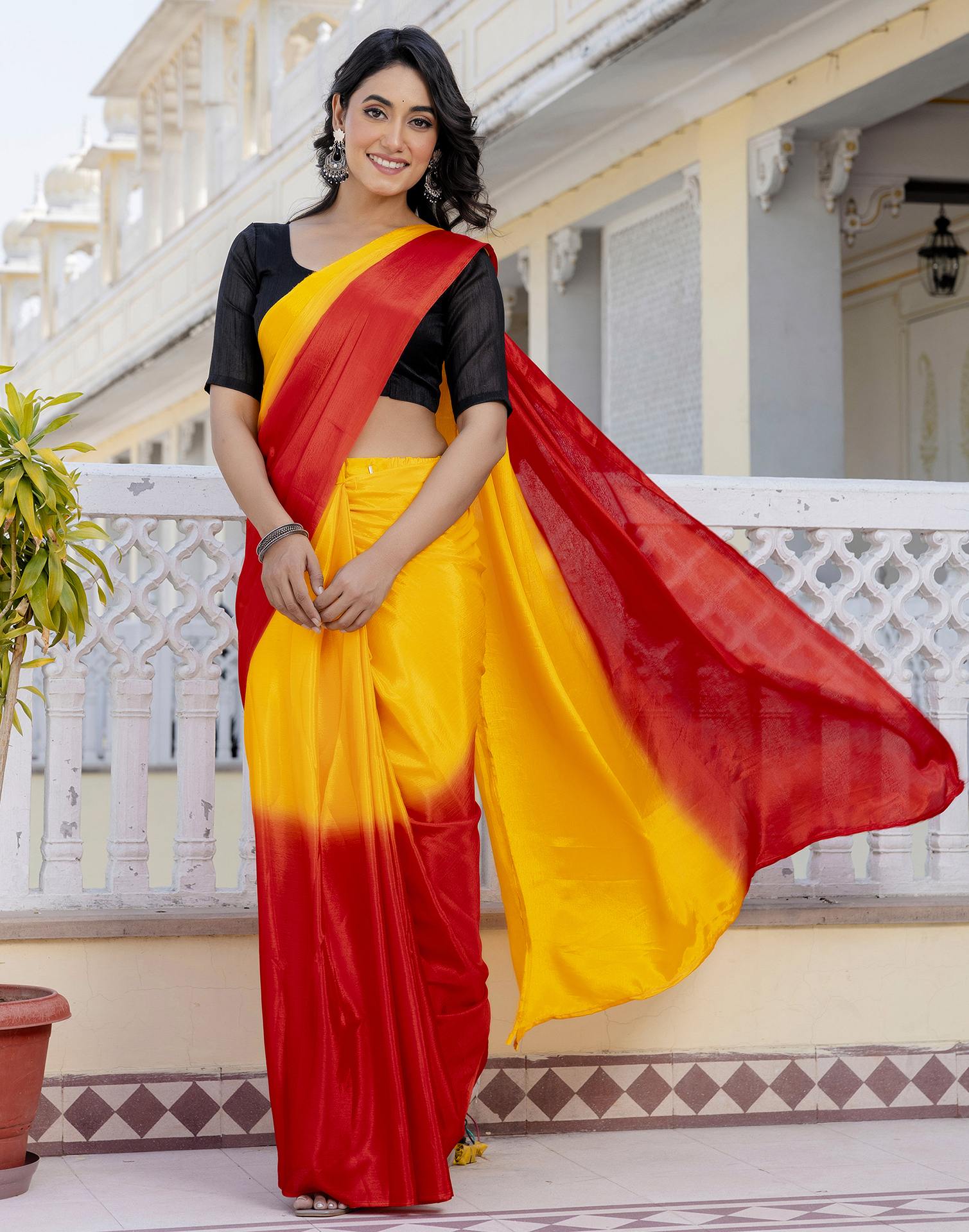 Ready To Wear Yellow Chinnon Dyed Plain Saree