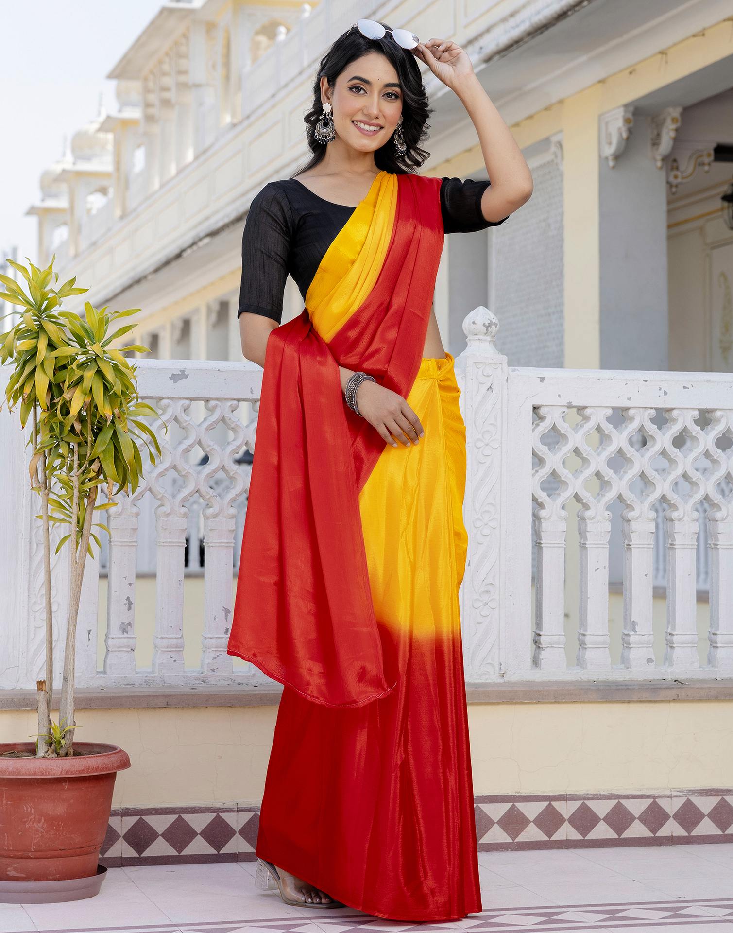 Ready To Wear Yellow Chinnon Dyed Plain Saree
