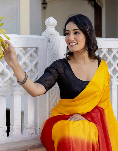 Ready To Wear Yellow Chinnon Dyed Plain Saree