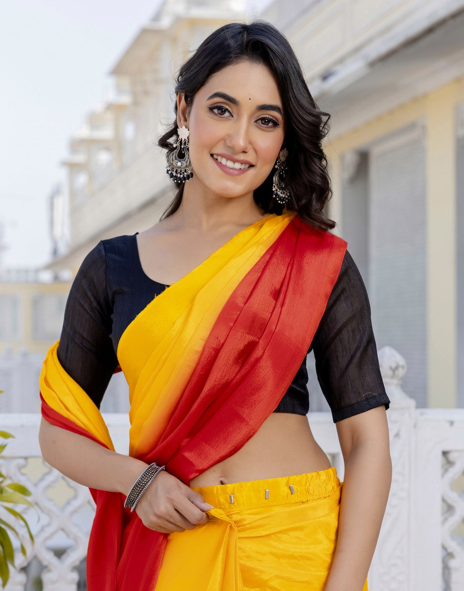 Ready To Wear Yellow Chinnon Dyed Plain Saree