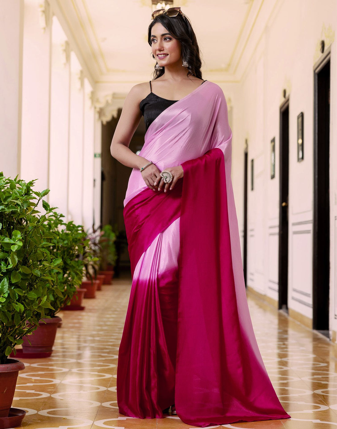 Ready To Wear Light Pink Chinnon Dyed Plain Saree