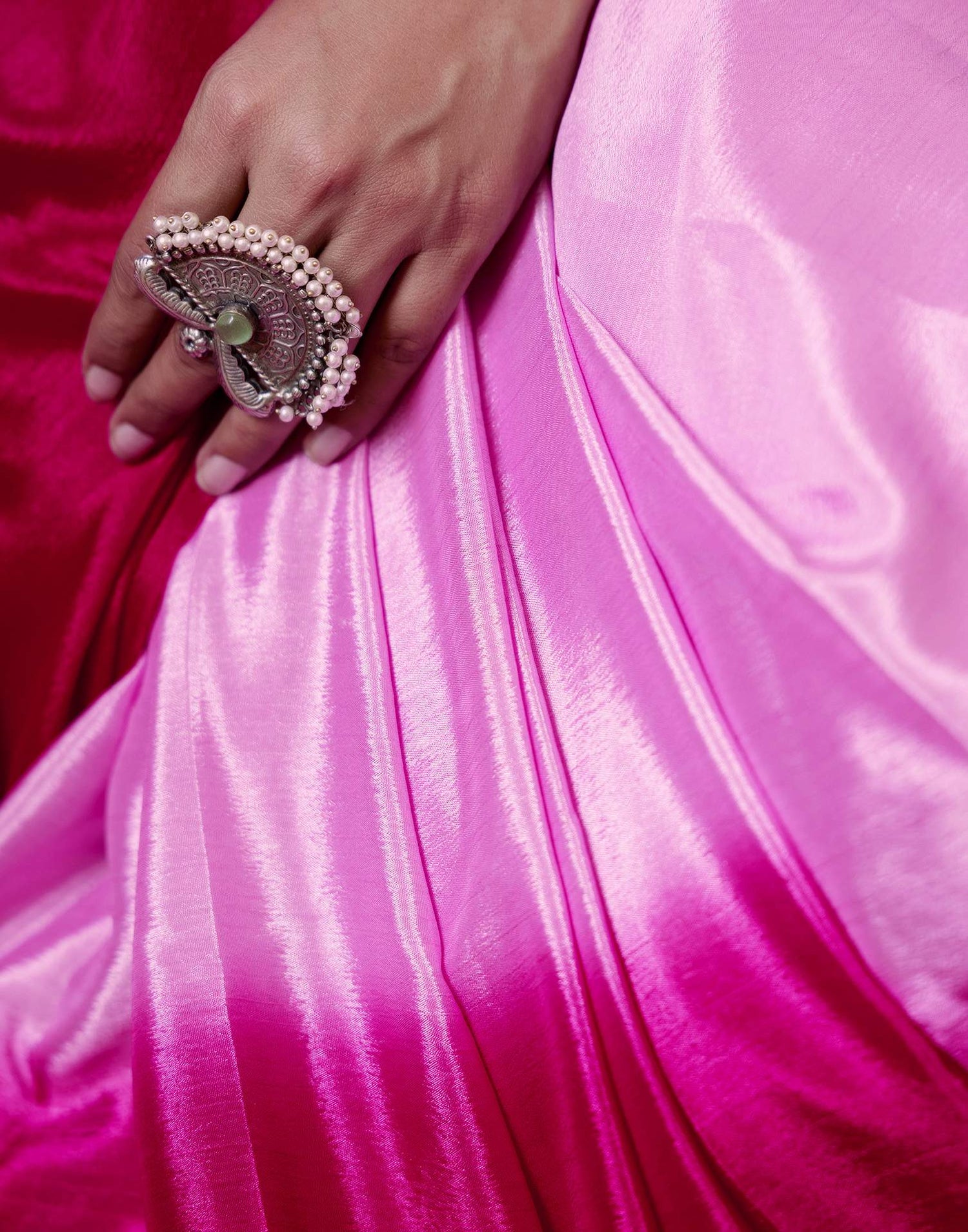 Ready To Wear Light Pink Chinnon Dyed Plain Saree