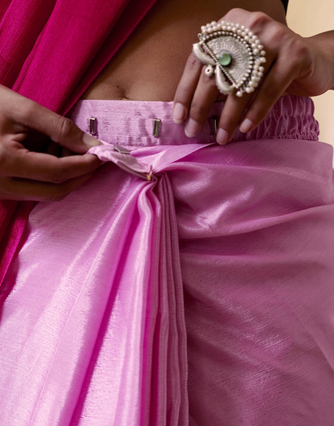Ready To Wear Light Pink Chinnon Dyed Plain Saree