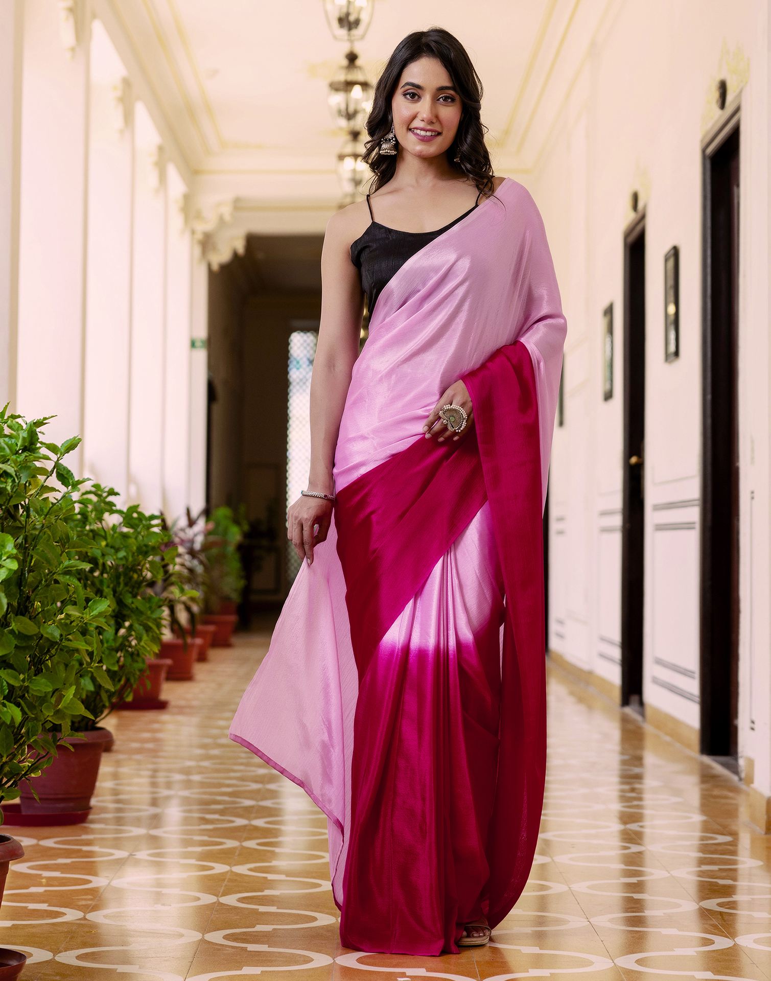 Ready To Wear Light Pink Chinnon Dyed Plain Saree