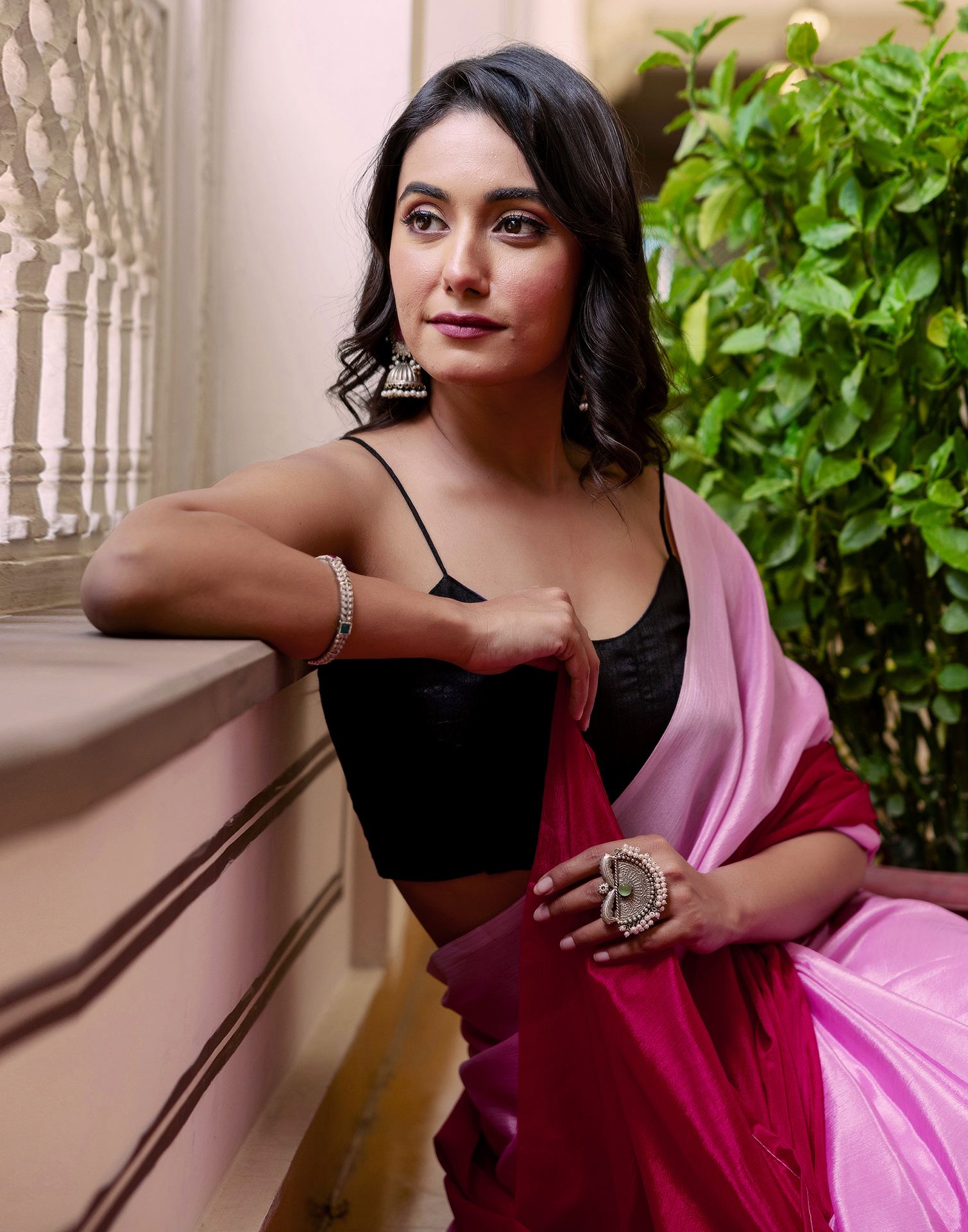 Ready To Wear Light Pink Chinnon Dyed Plain Saree