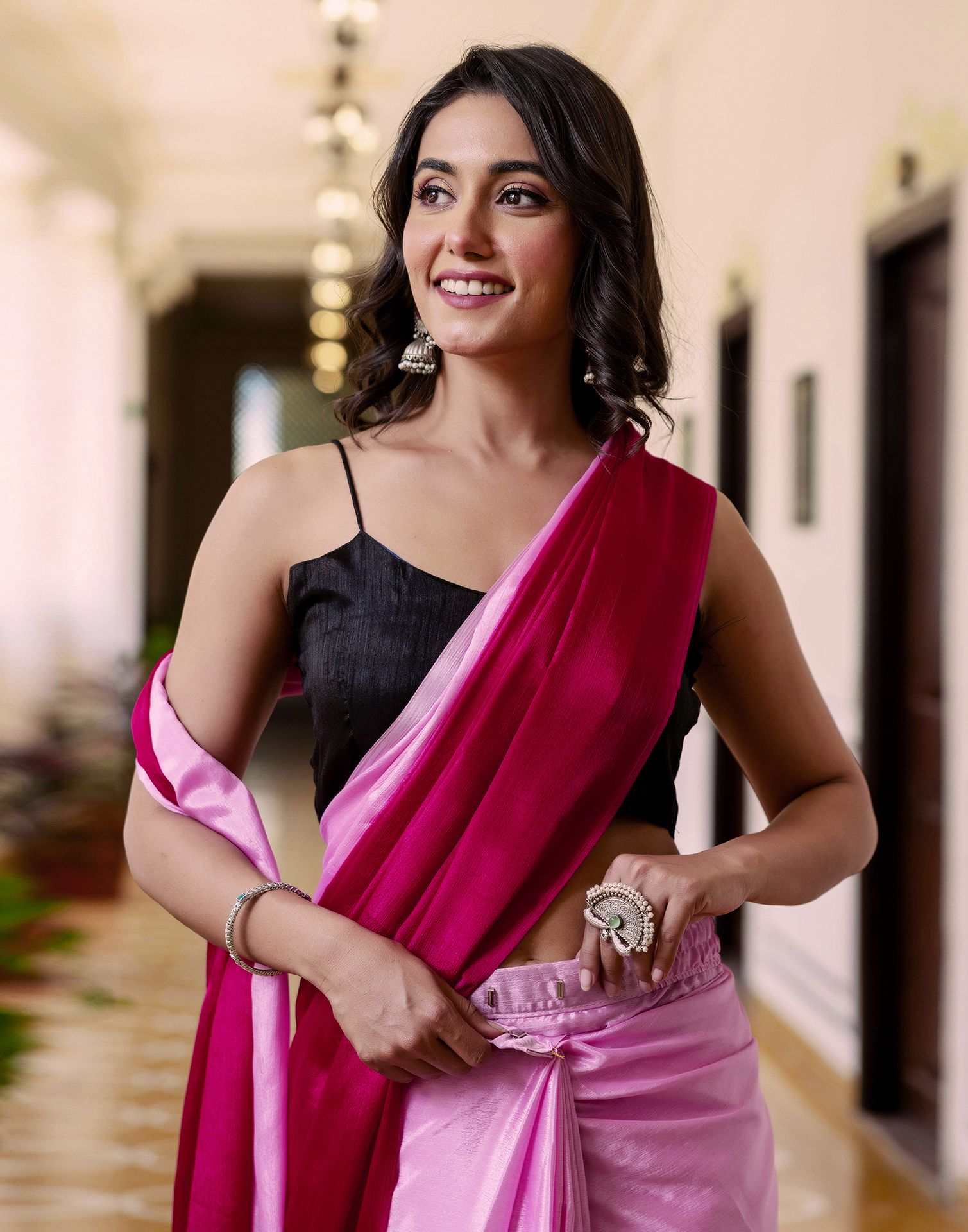 Ready To Wear Light Pink Chinnon Dyed Plain Saree
