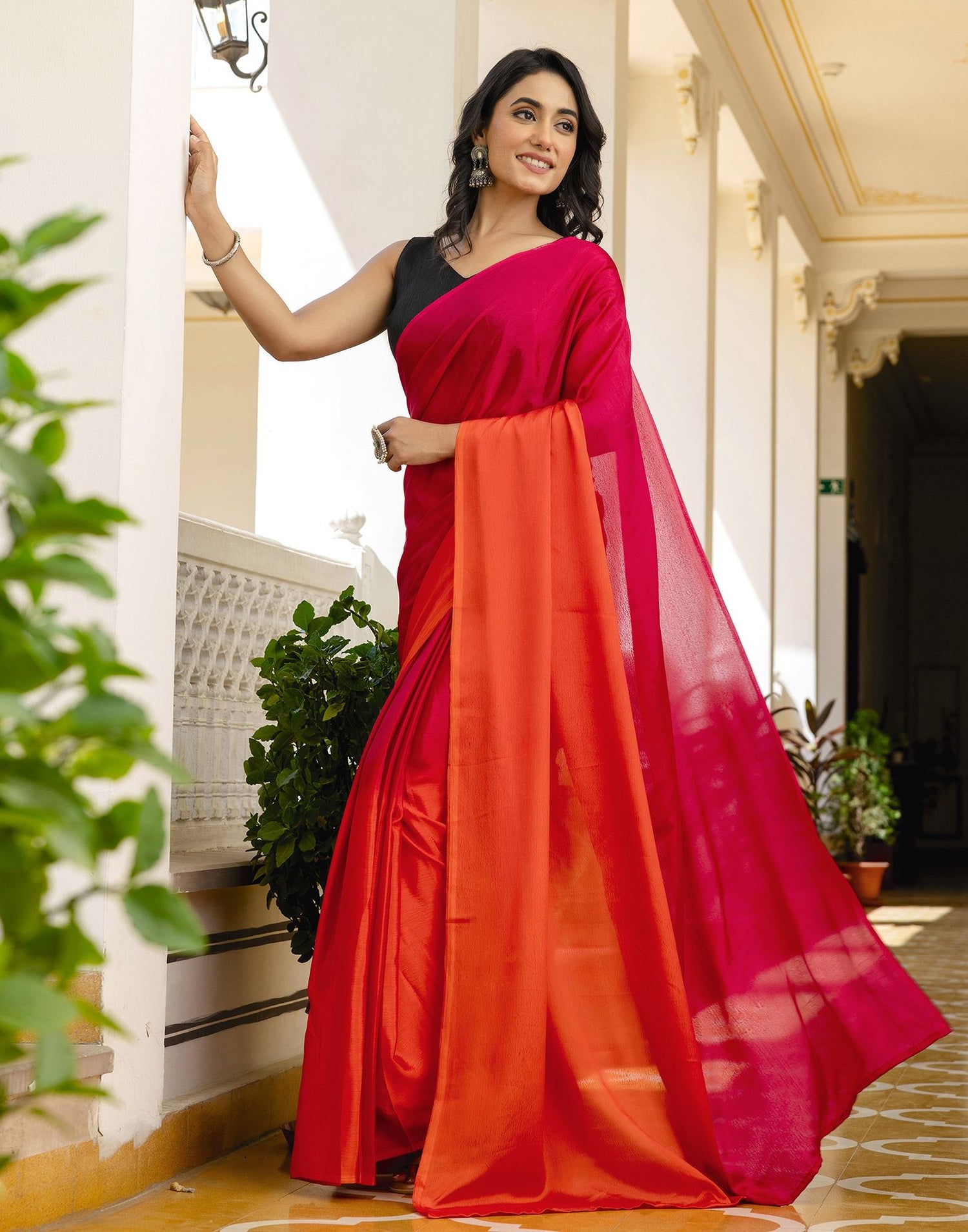 Ready To Wear Rani Pink Chinnon Dyed Plain Saree