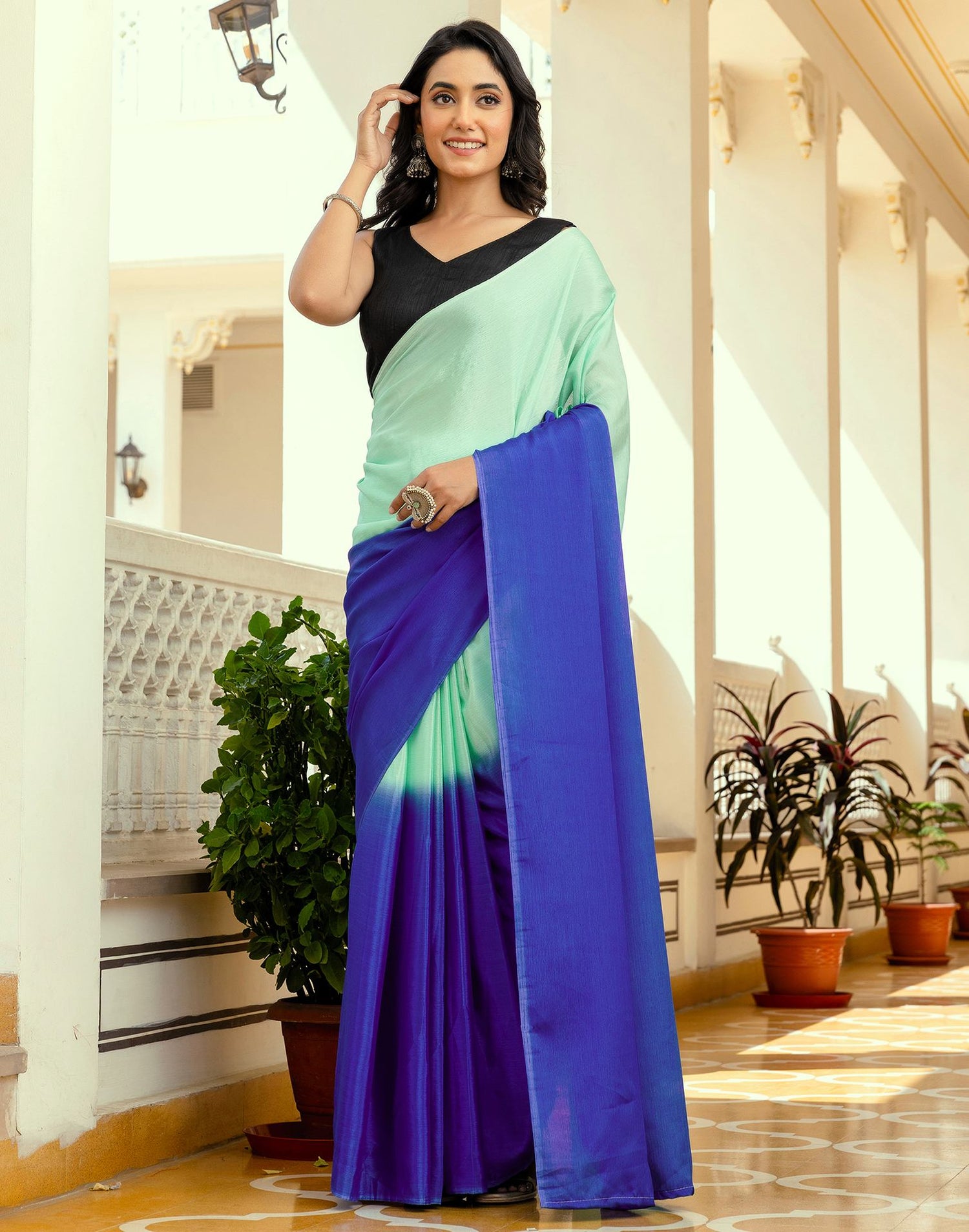 Ready To Wear Teal Green Chinnon Dyed Plain Saree