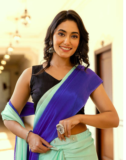 Ready To Wear Teal Green Chinnon Dyed Plain Saree