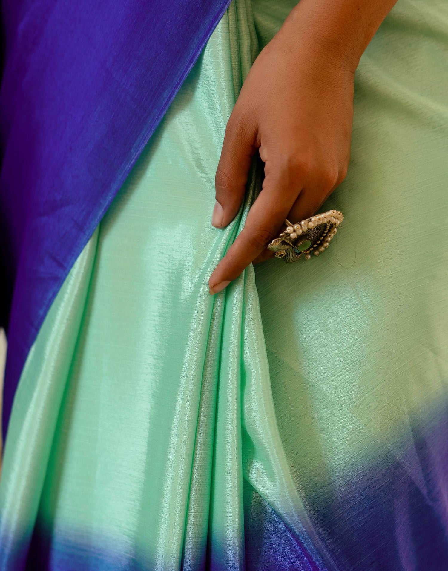 Ready To Wear Teal Green Chinnon Dyed Plain Saree