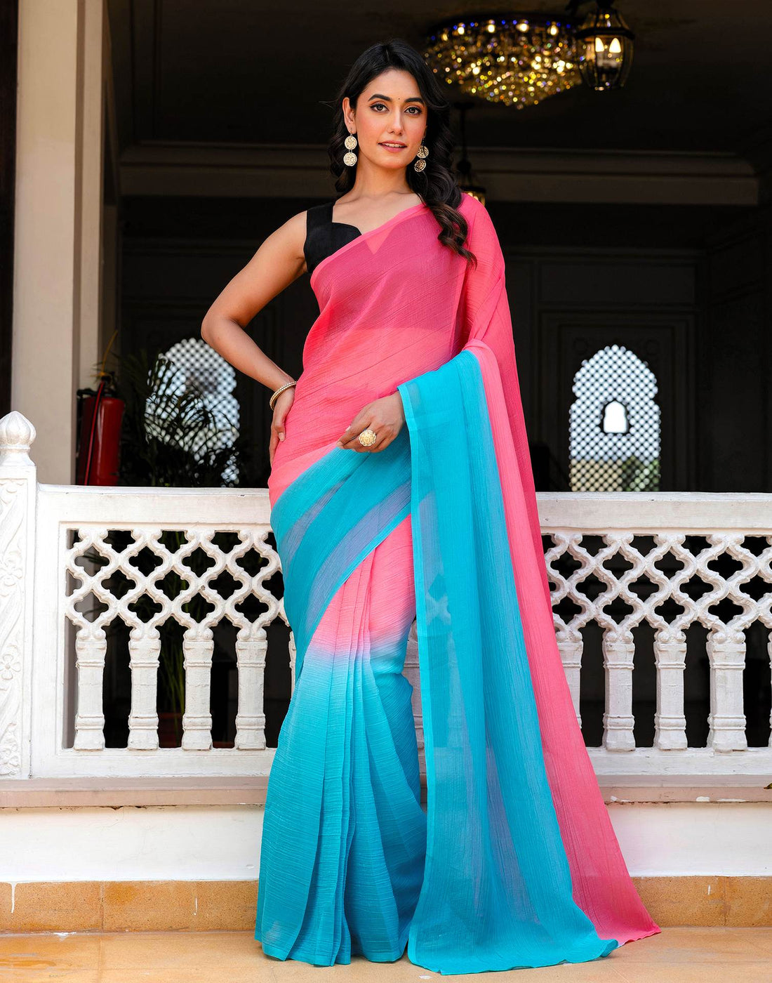 Ready To Wear Pink Chiffon Dyed Plain Saree
