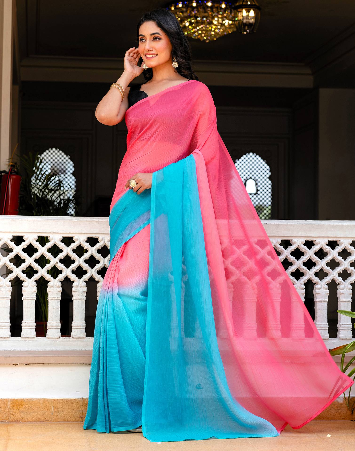Ready To Wear Pink Chiffon Dyed Plain Saree