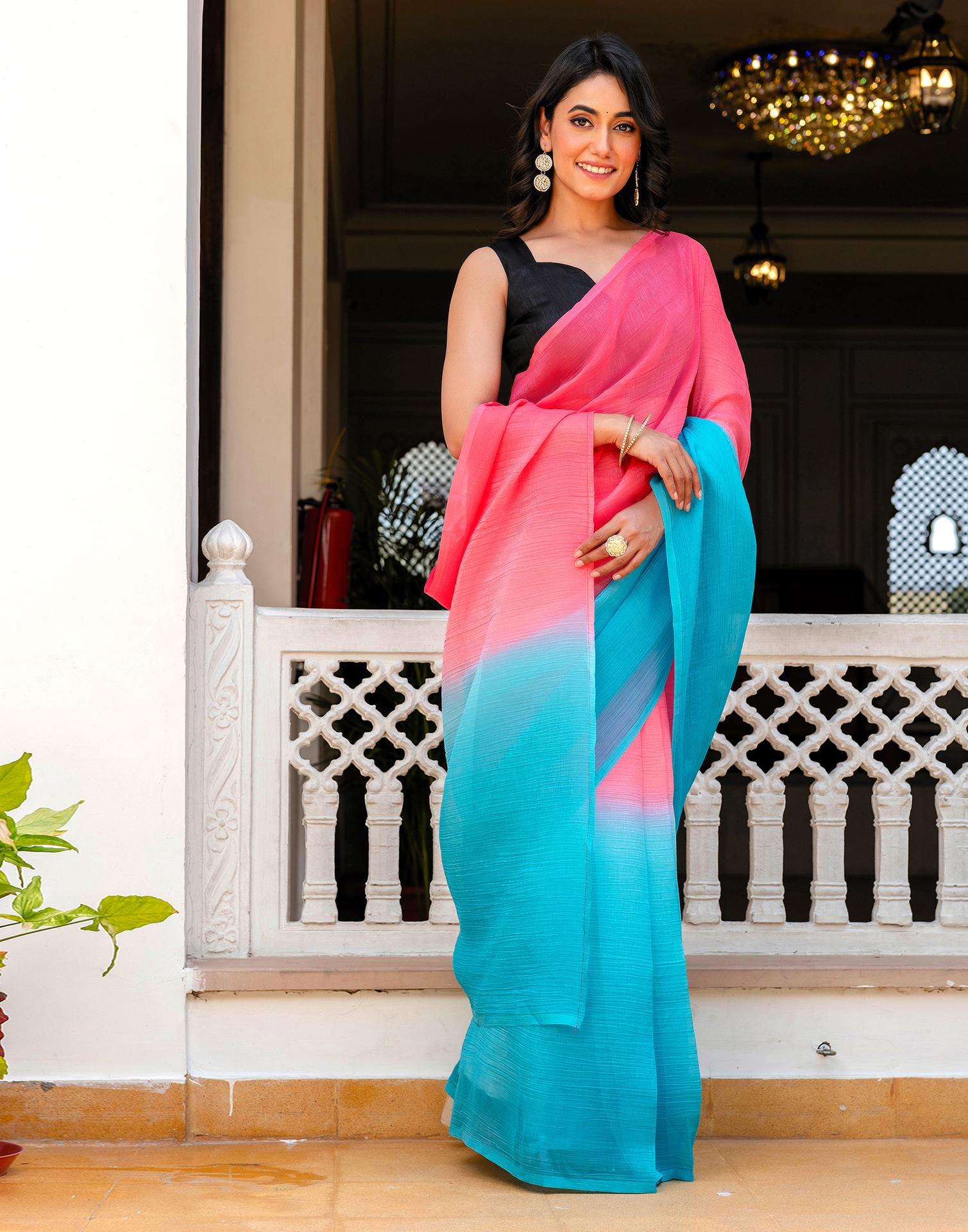Ready To Wear Pink Chiffon Dyed Plain Saree