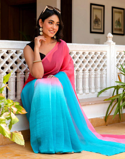 Ready To Wear Pink Chiffon Dyed Plain Saree